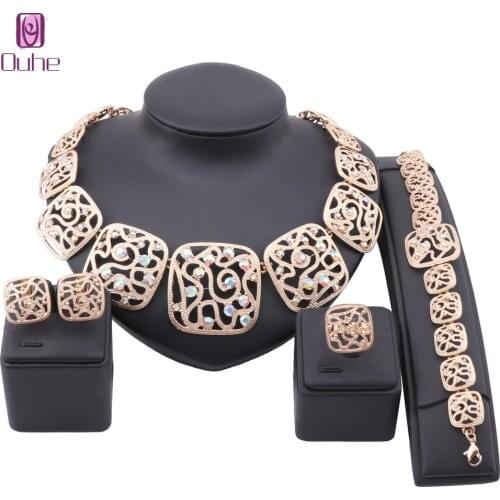 Dubai Gold Crystal Jewelry Nigerian Square Necklace Bracelet Earrings Ring Women Italian Bridal Jewelry Sets Wedding Accessories