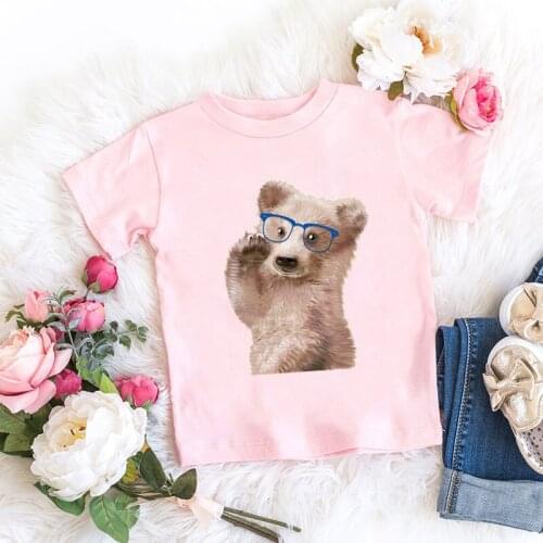Bear With Glasses Funny T shirt For Girls Hipster Animals Cute Cat Pug Pig Kids Tops Baby Boys Clothes Pink Children T-shirt