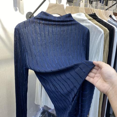 Spring And Autumn New Mesh Bottoming Shirt Long Sleeve High Collar Lace With Solid Color Versatile Chiffon Lady Top