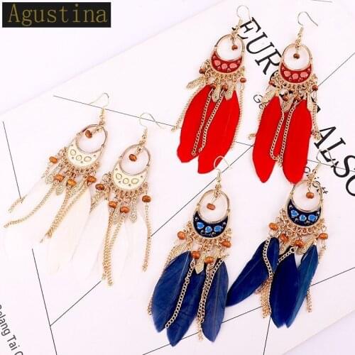 Feather tassel earrings bohemian fashion Handmade women geometric statement luxury big long blue earring fringe jewelry CC 2019