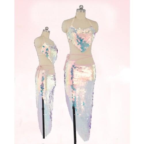 Women Sexy Belly Dance Costume Set BellyDance Top+ Hip Scarf Wrap Belt Sequin Fish Scale Accessories 2pcs Pink Sequin Dancewear