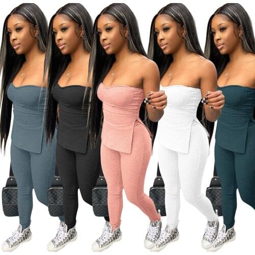 Echoine Women Knitted Summer Vacation Outfits Strapless Side Split Tops and Bodycon Pants Sexy Clubwear 2 Piece Matching Sets