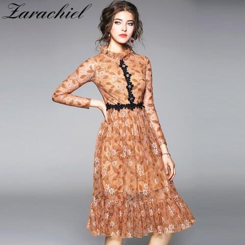 Elegant Petal Appliques Patched Lace Dress 2020 Spring Autumn Women Sweet Ruffled Collar Long Sleeve Fit And Flare Knee Dress