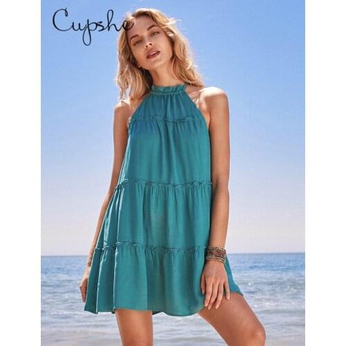 CUPSHE High Neck Ruffles Midi Dress For Woman Sexy Solid Teal Sleeveless Summer Dress with Belt 2021 New Beach Sundress Vestidos