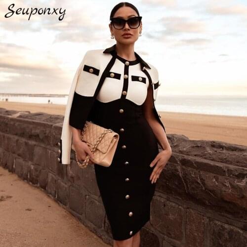 High Quality Single Breasted Black Bodycon Bandage Dress 2021 Summer Women Sexy O-neck Sleeveless Celebrity Party Dress Vestidos