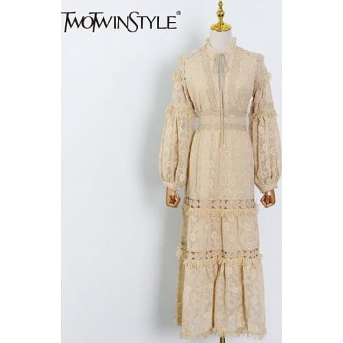 TWOTWINSTYLE Vintage Cut Out Womens Dresses Stand Collar Long Sleeve High Waist Solid Maxi Dress Female 2021 Summer New Clothes