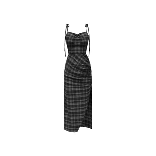Punk Gothic Women Black Plaid Sexy Deep V-neck Dress Summer Elegant Fashion Dark Halter High Waist Split Dresses