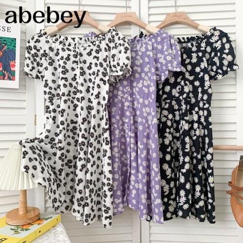 Vintage slash neck puff sleeve Dress single breasted daisy print high waist short A-line Dress 2021 New Summer Women