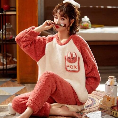 Winter Pajamas Coral Fleece Pajama Set Women Sleepwear High Quality Sherpa Inspissate Plus Size Cartoon Nightgown RetroThicken