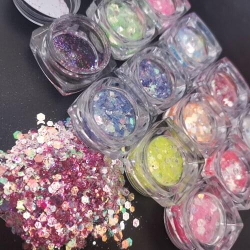 12jars Hexagon/Star/Moon/Butterfly/Love Mix Model Flakes Sequins UV light Change Color Nail Glitter Patch Mermaid Sequins