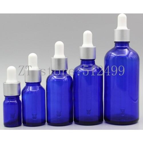 2/10pcs 5ml 10ml 15ml 20ml 30ml 50ml 100ml Empty Blue Glass Essential Oil Dropper Bottle with Matt Silver Cover &White Glue Head