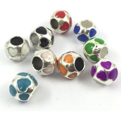 5Pcs/lot Colorful Oil Heart Alloy Big Hole Beads European Beads Fits Charms Bracelets Necklaces