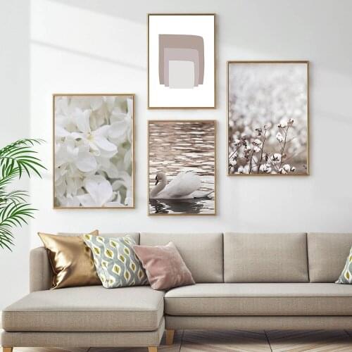 Abstract Beige Squares Swan Flower Cotton Field Wall Art Canvas Painting Nordic Posters And Prints Wall Pictures For Living Room