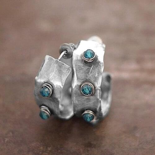 Bohemian Circle Blue Beads Stone Stud Earrings Tribal Jewelry Antique Silver Color Geometric Round Earrings Jewelry