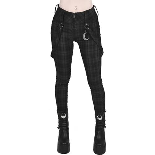 Women Gothic Punk Plaid Pencil Pants High Waist Fashion Tight Multi Pocket Zipper Y2k Long Bottoms Streetwear