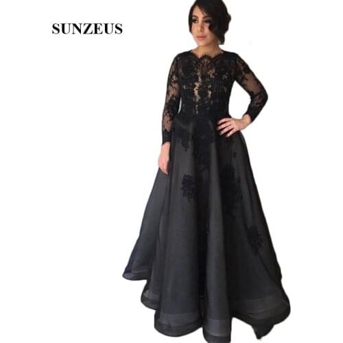 Mother of the Bride Dresses Black Lace Top Long Sleeve Formal Dresses Appliques Groom Wedding Party Gowns vestidos de noche