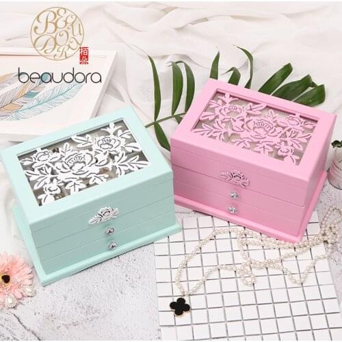 BEAUDORA Ballerina Musical Wooden Jewellery Box Jewel Organizer with Carved Design Lid Gift for Girls Birthday Party