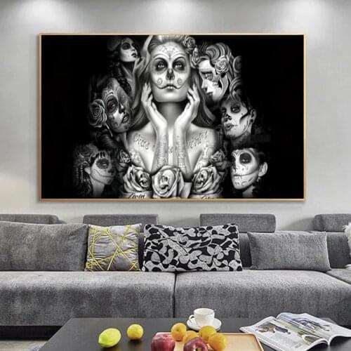 Skull Girls Canvas Art Wall Paintings Black Sexy Women Wall Pictures Posters and Prints for Living Room Wall Decor