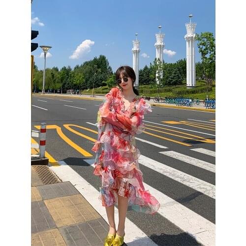 Sense floral print dress stitching lace Organza Dress medium length sunscreen Dress 0409