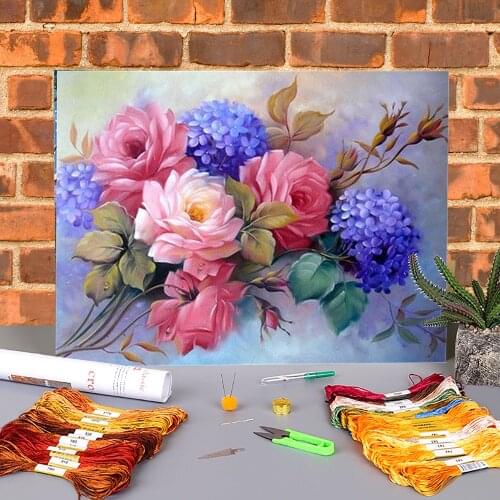 Art Flower Printed 11CT Cross Stitch Set DIY Embroidery DMC Threads Needlework Hobby Handmade Handiwork Floss Stamped
