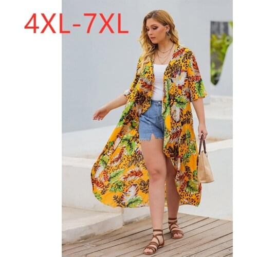 New 2021 summer plus size bohemia long cloak for women large short sleeve casual yellow floral print flower cape 4XL 5XL 6XL 7XL