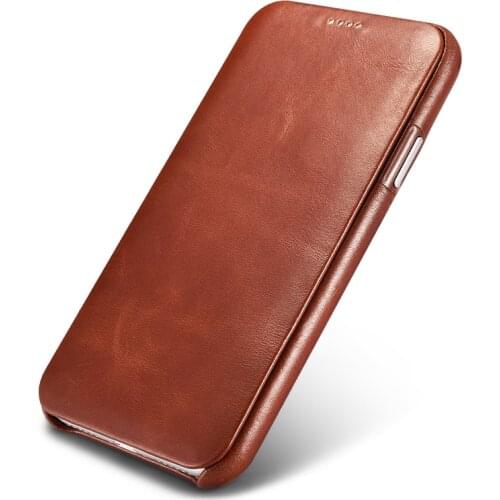 New For iPhone X XS Max XR Curved Vintage Full Grain Genuine Leather Cowhide Flip Phone Case icarer Brand Cover Natural Cow Skin