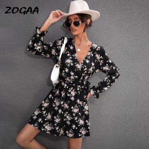 ZOGAA Dress Women Autumn Spring New Sexy V-neck Printed A-LINE Above Knee Petal Sleeve Female Elegant Fashion Holiday Hot Sale