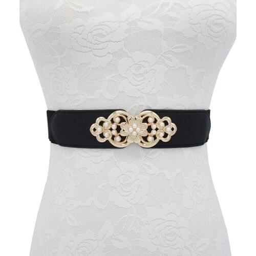 Hot New Women Pearl Flower Bukle Cummerbund Elastic Wide Stretch Waistbands For Dress Waist Belt Ceinture Femme Cinturones Mujer