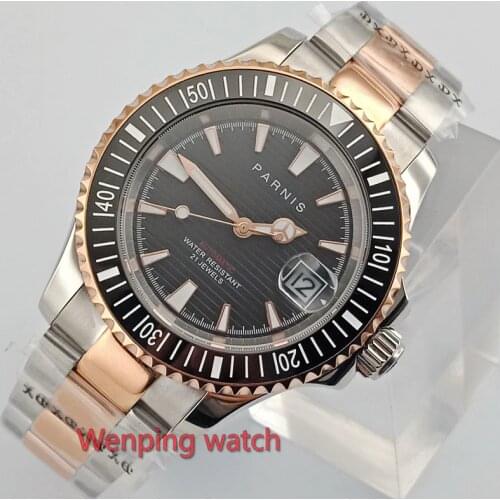 Luxury 41mm Gold plated Parnis watch black dial sapphire glass luminous ceramic bezel Automatic wristwatch men E2630