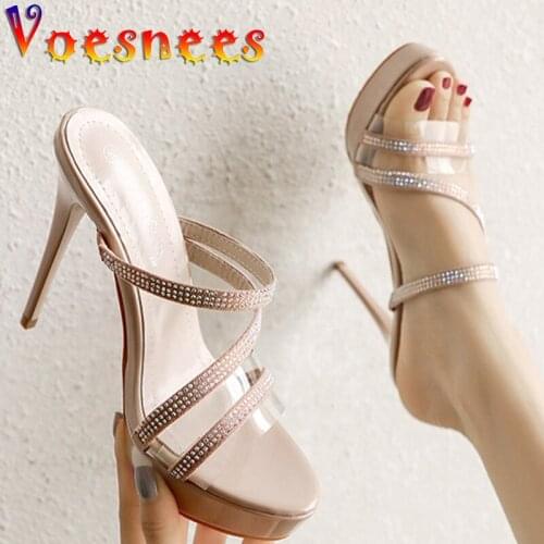 Women Shoes One Word With Slippers Transparent Chain Hollow Open Toe Platform Sandals Summer Sweet Wedding Bride Thin High Heels
