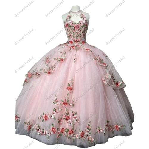 Unique Sheer Neck Designer Keyhole Style Ball Gown Pink Quinceanera Evening Party Dresses Mexicano 2022 Long Tulle Sweet 15 Anos