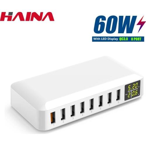 60W Multi USB Charger Station QC3.0 Fast Charger Charging with LED display 8 Ports Multiple Port Charger For iphone 11 12