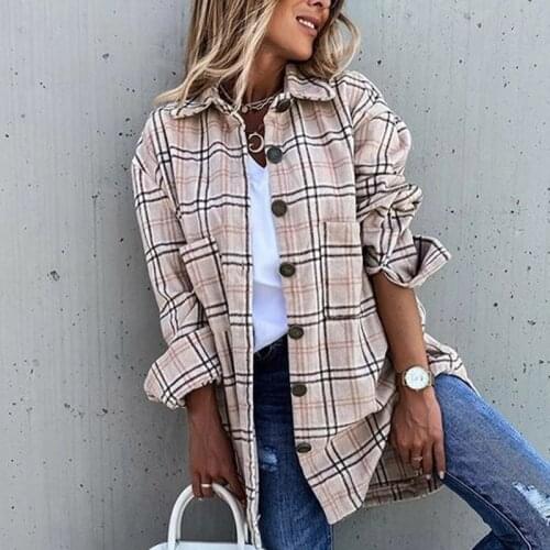 2021 Summer Fashion Lady Shirts Loose Checked Female Jacket Shirt Lapel Single Breasted Pockets Plaid Long Sleeve Womens Shirt