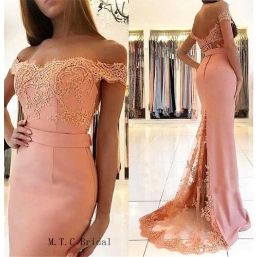 Blush Pink Long Elegant Formal Evening Dress 2019 Off The Shoulder Lace Elastic Satin Mermaid Cheap Prom Gowns Custom Made
