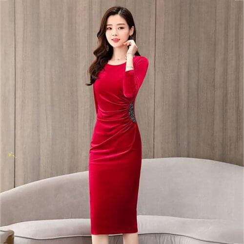 Women Autumn & Winter Elegant Velvet Dress Female fashion Diamonds pleated Long Cocktail Party Pencil Robe Femme Vestidos LU1316