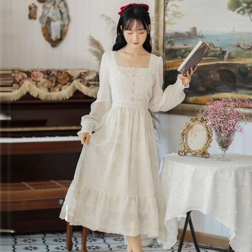 Gentle Style French Lace Fairy Dress Women 2021 Dresses Spring Long-Sleeved Retro Elegant Square Collar Temperament Vestido