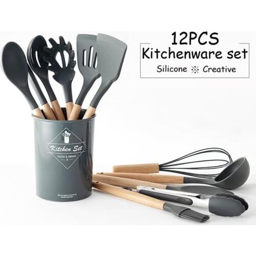 12PCS Silicone Cooking Utensils Set Non-stick Spatula Shovel Wooden Handle Cooking Set Kitchen Tool With Storage Box Cookware