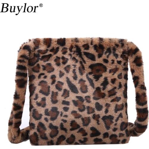 Buylor Crossbody Bags Leopard Womens winter warm Fashion Ladies Plush Handbags Women Large Capacity Shoudler Messenger Bags