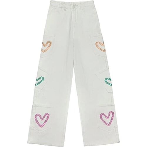 Spring Autumn Women Harajuku White Love Pattern Jeans Streetwear High Waist Casual Fashion Hip Hop Female Trouser