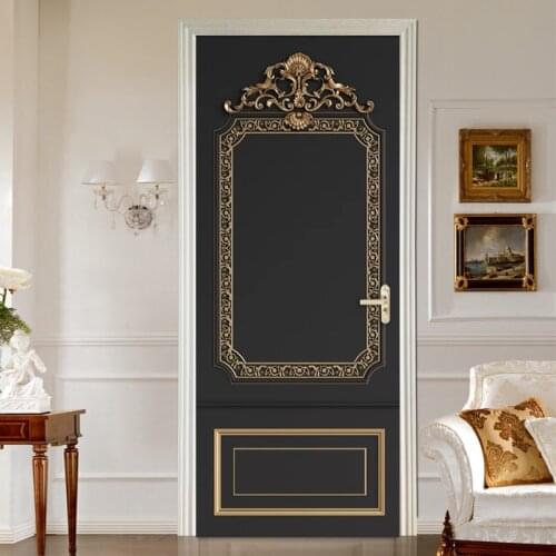 European Style 3D Relief Golden Door Sticker Wall Mural Wallpaper PVC Living Room Bedroom Door Decoration Self-Adhesive Stickers