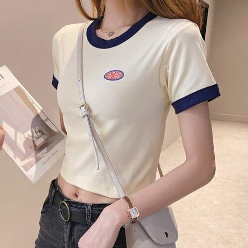 Tshirts Women O Neck Short Pactwork Short Sleeve Tshirt Casual Cotton Casual Korean Style Womens T-Shirts Tops Camiseta Mujer