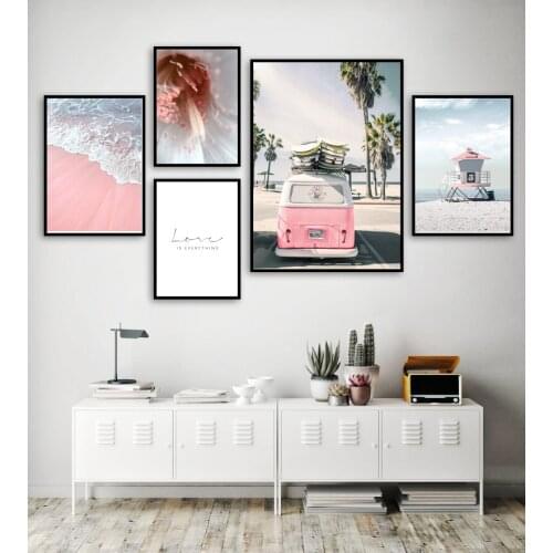 Pink Bus Girl Sea Beach Flower Landscape Canvas Painting Wall Art Nordic Poster And Print For Living Room Decor Unframed