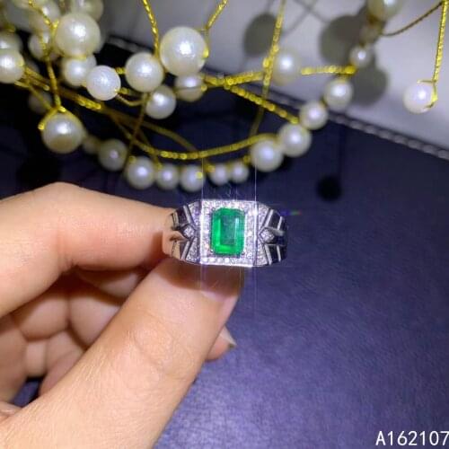 Fine Jewelry 925 Sterling Silver Inset With Natural Gem Mens Luxury Noble Rectangle Emerald Adjustable Ring Support Detection