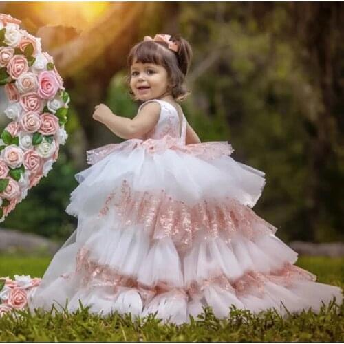 Lace Appliques Tiered Flower Girl Dresses Tulle Layers Puffy Baby First Communion Dress HIgh-Low Backless Kids Bride Gowns