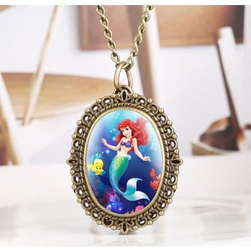 Lovely Mermaid Quartz Pocket Watch for Girl Vintage Bronze Necklace Pendant Clock Lady with Fob Necklace Chain