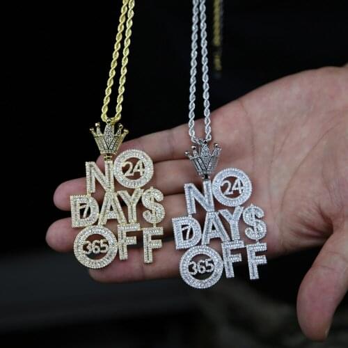 Hip Hop Big large letter initial NO DAYS OFF pendant with Bling 5A cz paved gold silver plated long rope chain necklaces for men