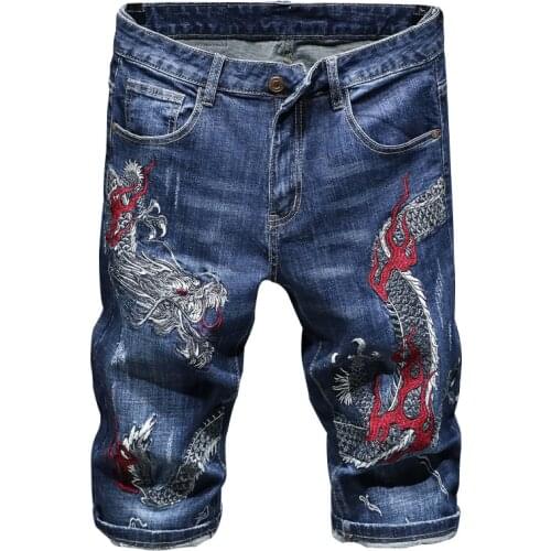 Mens Chinese dragon embroidery denim shorts Trendy knee length slim straight jeans