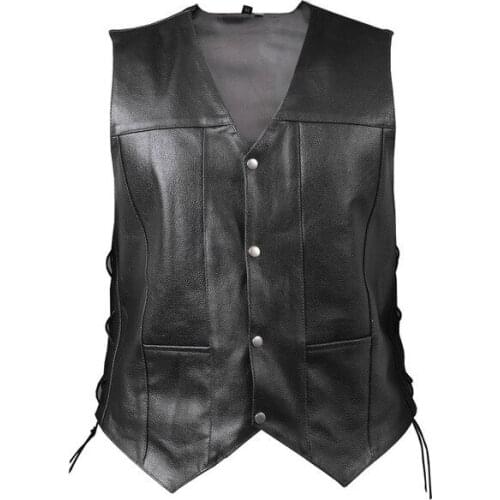2022 Mens V-neck Single Breasted Side Lace up Short Sleeveless PU Leather Vest