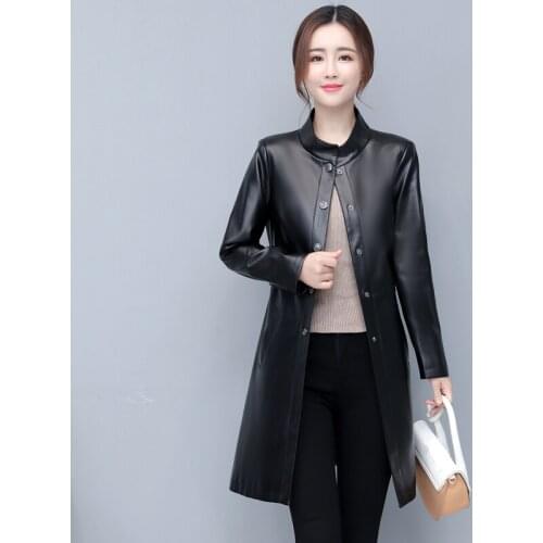 New Motorcycle Leather Coat Female Slim Long Womens Clothing Fashion Leisure Plus Size Womens Leather Jacket Black