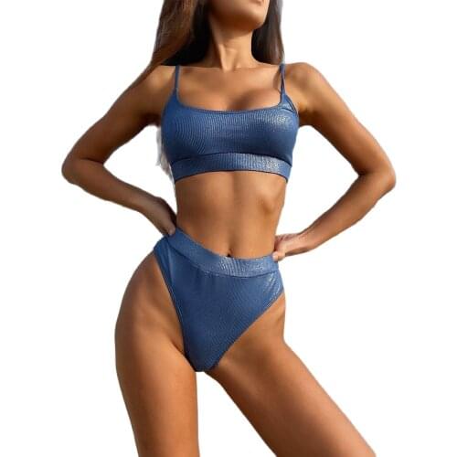 2021 New Swimsuit Women High Waist Sold Color Blue Strapless Bikini Set